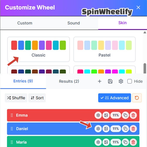 Customize your wheel’s look with colors, images, sounds, and themes in the Custom, Sound, or Skin tab.